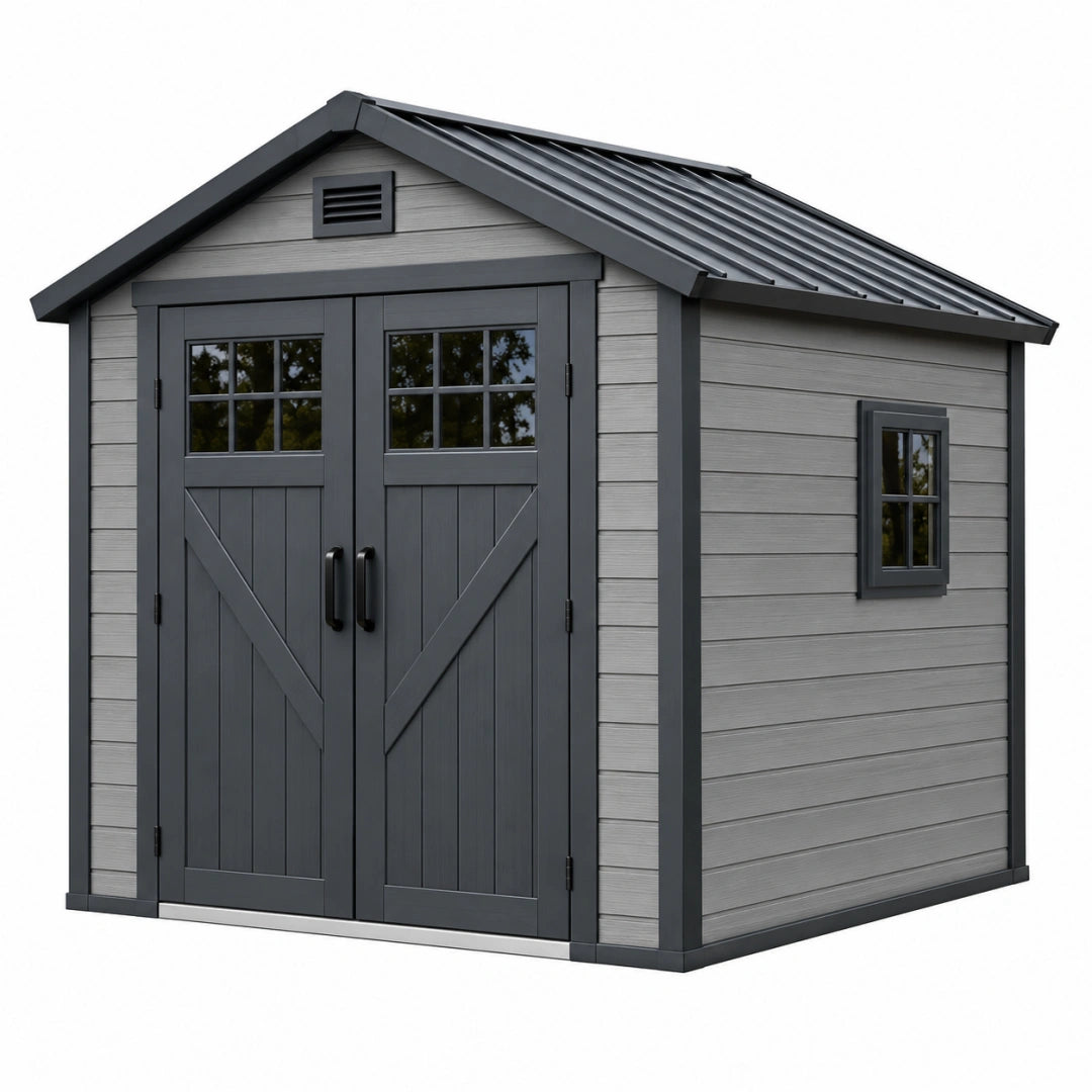Abri de jardin 240 x 180 x 220 cm gris anthracite en panneaux synthétiques avec toit métallique