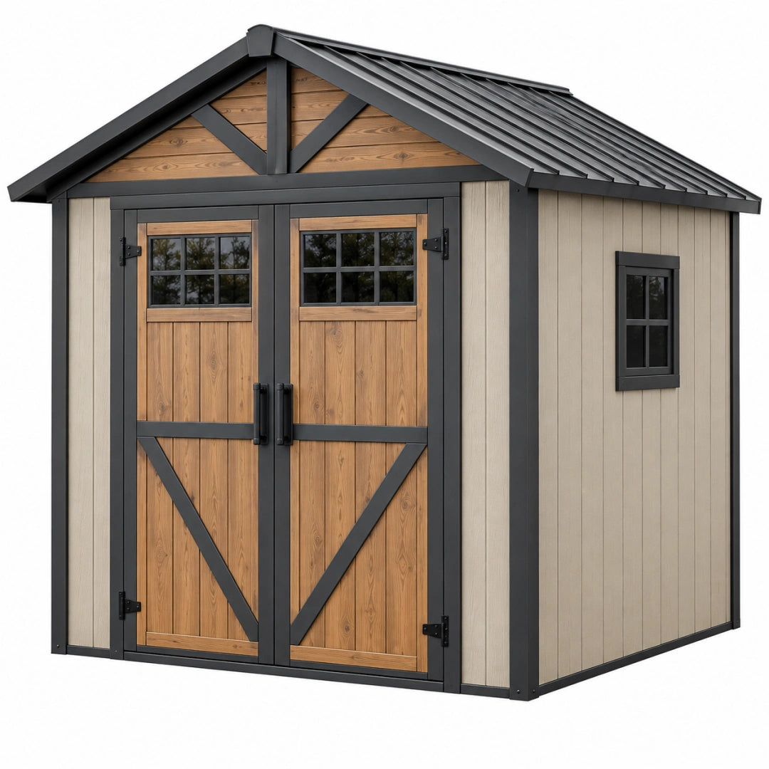 Abri de jardin 240 x 180 x 230 cm aspect bois beige et marron avec toit métallique