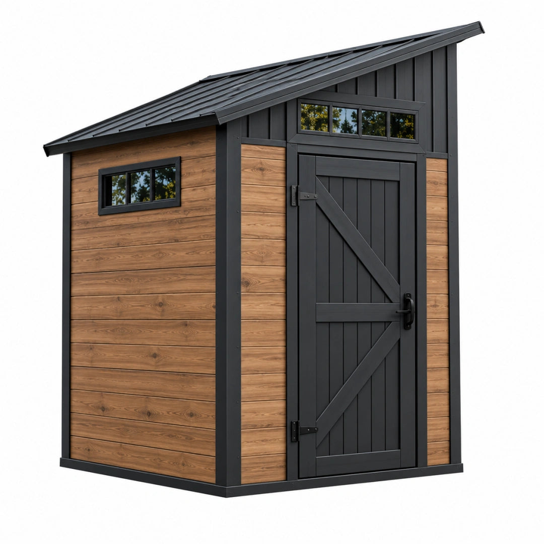 Abri de jardin 220 x 160 x 230 cm en bois brun et métal noir avec porte battante