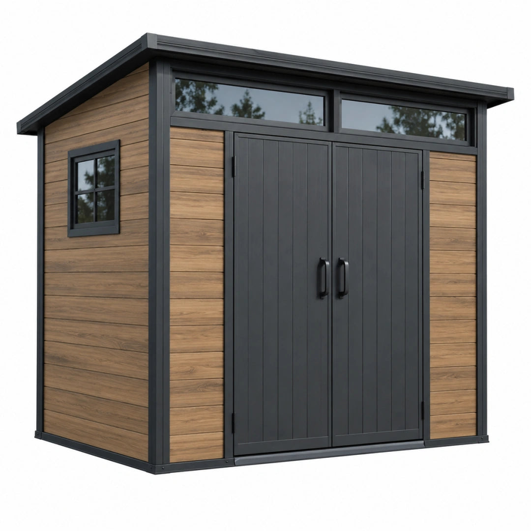 Abri de jardin 196 x 122 x 204 cm en panneaux synthétiques brun et métal noir à double porte