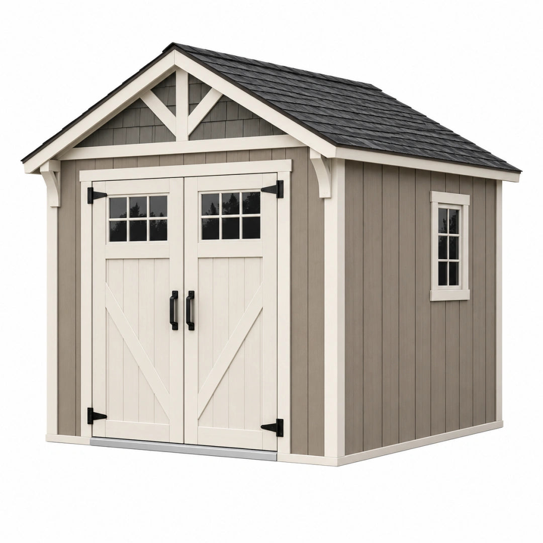 Abri de jardin 244 x 183 x 244 cm en bois taupe blanc à double porte style chalet