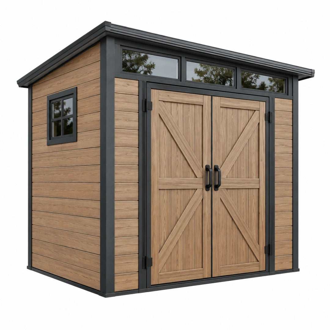 Abri de jardin 300 x 240 x 250 cm en bois brun avec portes doubles style contemporain