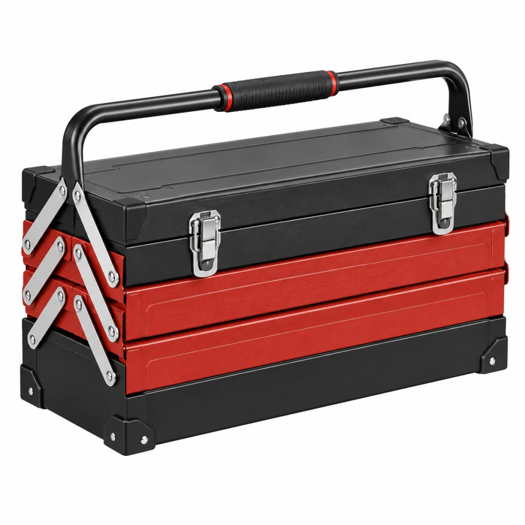 Caisse à outils 50 x 25 x 28 cm en acier noir et rouge portable à plateaux étagés