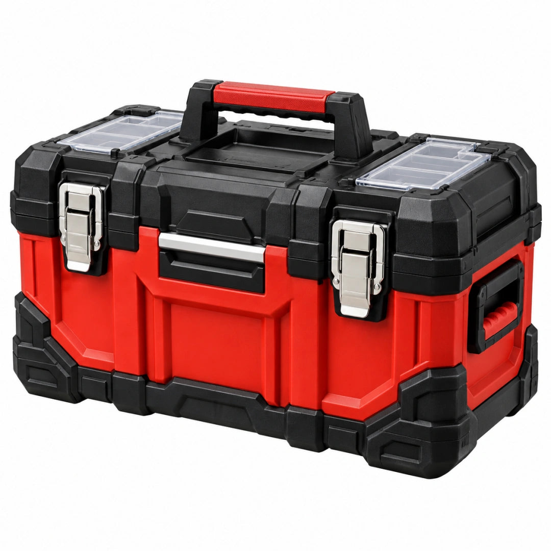 Coffre à outils 50 x 25 x 25 cm en plastique rouge et noir avec organiseurs et poignées