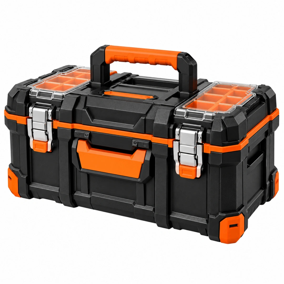 Coffre à outils 55 x 30 x 30 cm en plastique noir et orange avec organiseurs