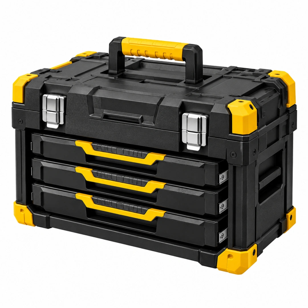 Coffre à outils 50 x 30 x 35 cm en plastique noir et jaune à 3 tiroirs portable