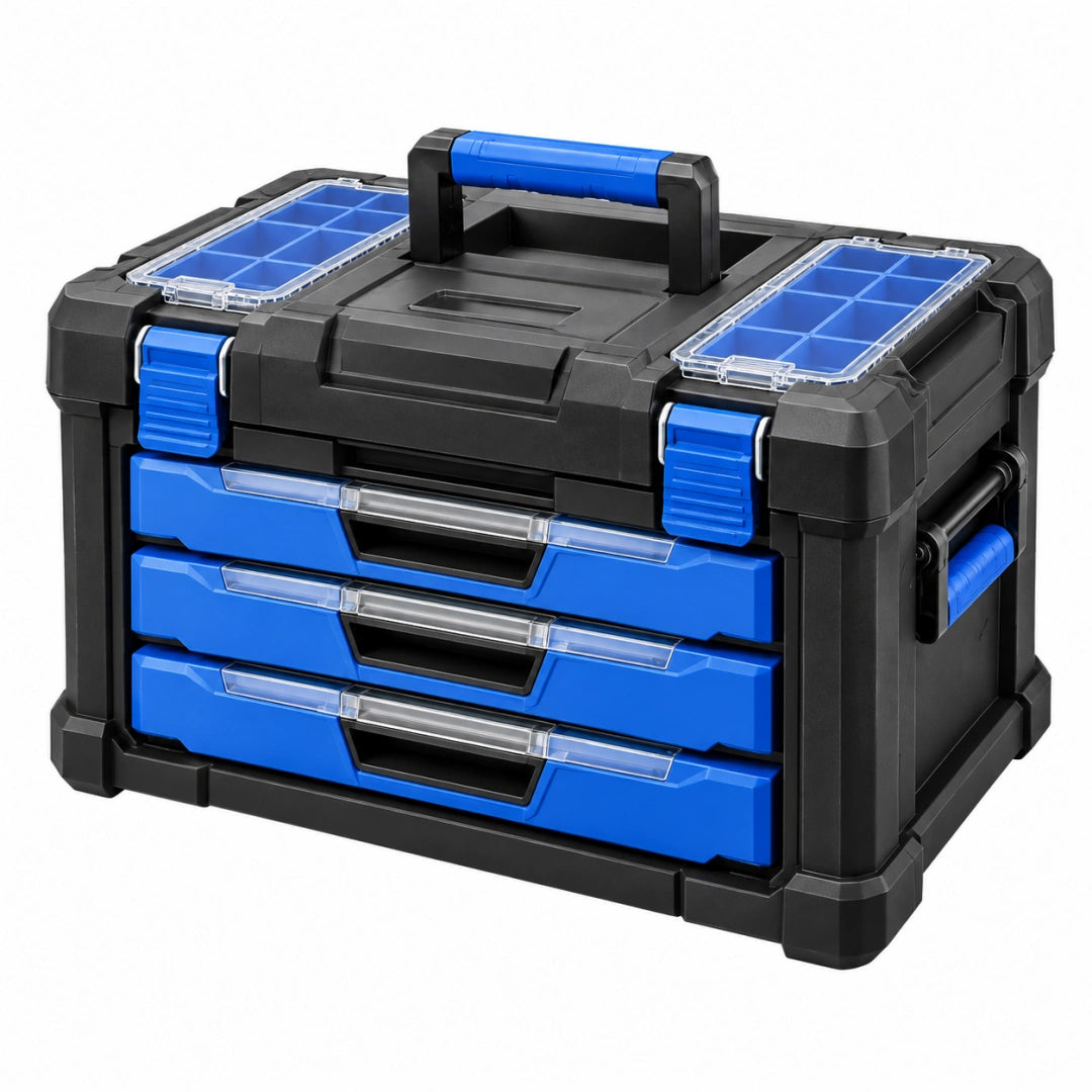 Boîte à outils 49 x 28 x 29 cm en polypropylène noir/bleu à 3 tiroirs avec organiseurs
