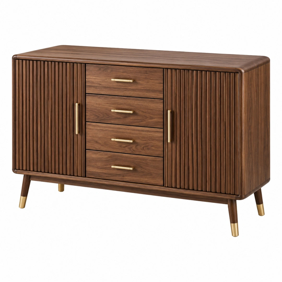 Buffet 160 x 45 x 90 cm en bois brun noyer avec 4 tiroirs et 2 portes style rétro