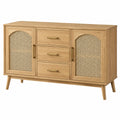 Buffet 140 x 40 x 85 cm en bois naturel et cannage style rétro avec 3 tiroirs