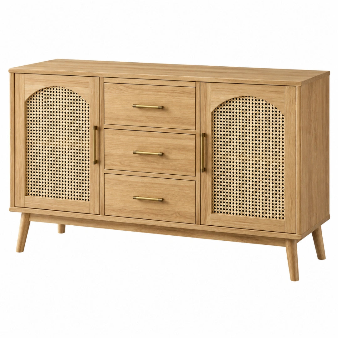 Buffet 140 x 40 x 85 cm en bois naturel et cannage style rétro avec 3 tiroirs
