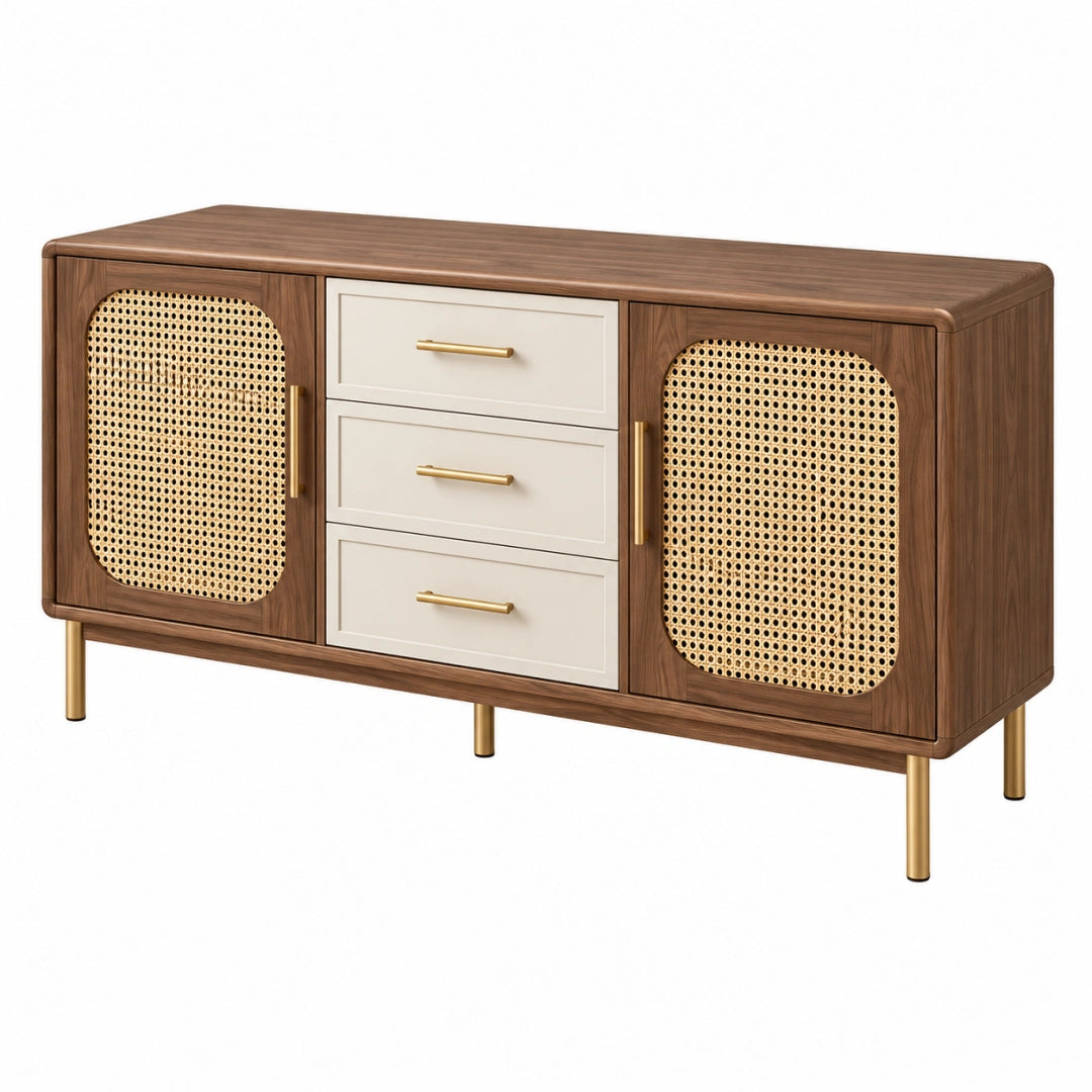Buffet 160 x 40 x 80 cm en bois marron et cannage naturel avec 3 tiroirs style rétro