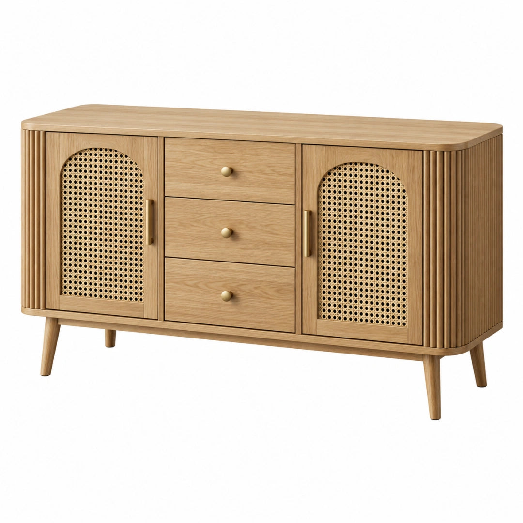 Buffet 160 x 40 x 80 cm en bois naturel et cannage style rétro avec rangement