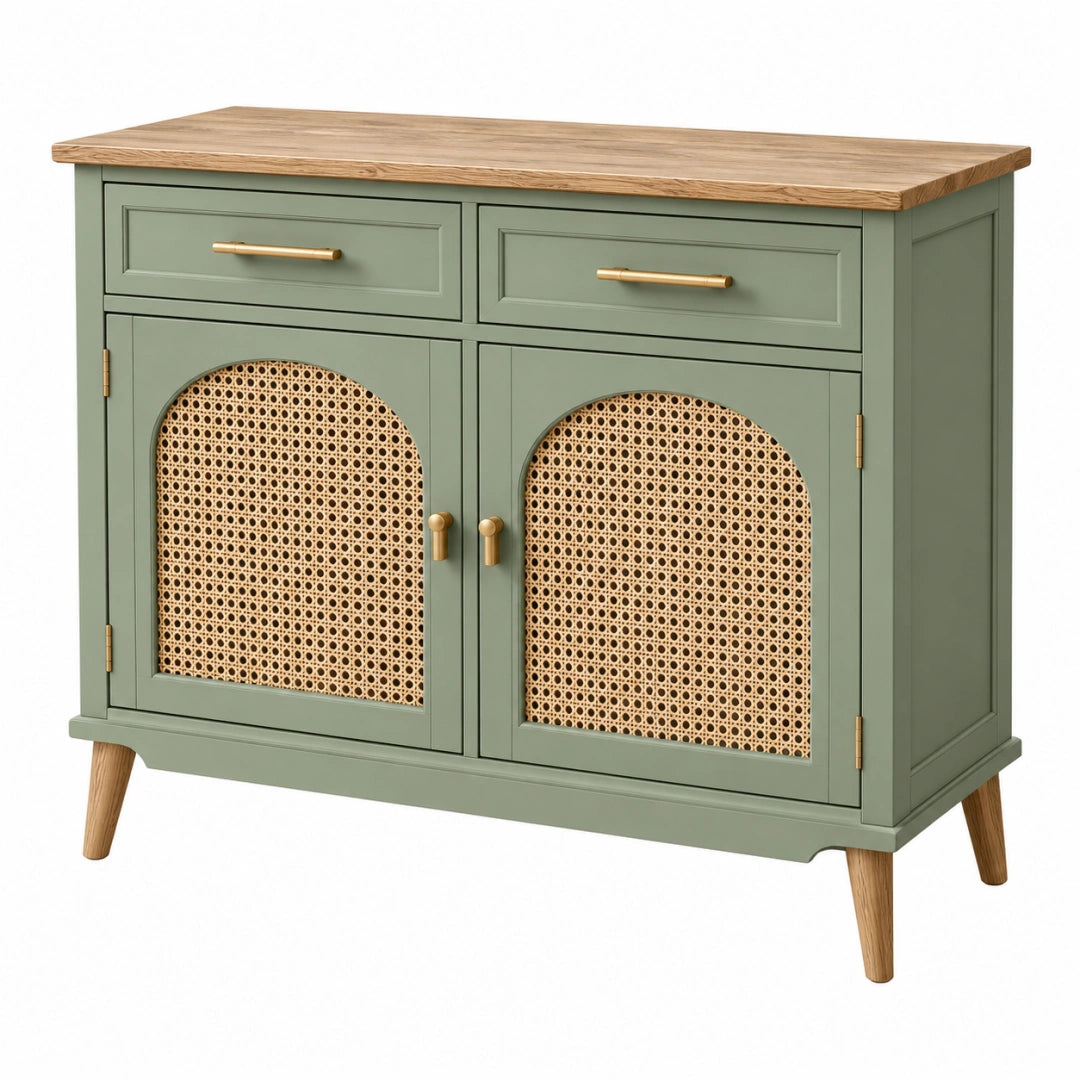 Buffet 120 x 45 x 85 cm en bois vert sauge avec plateau naturel et portes en rotin