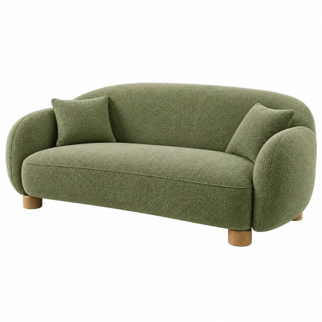 Canapé 2 places 180 x 88 x 78 cm en tissu bouclette vert avec pieds en bois style contemporain