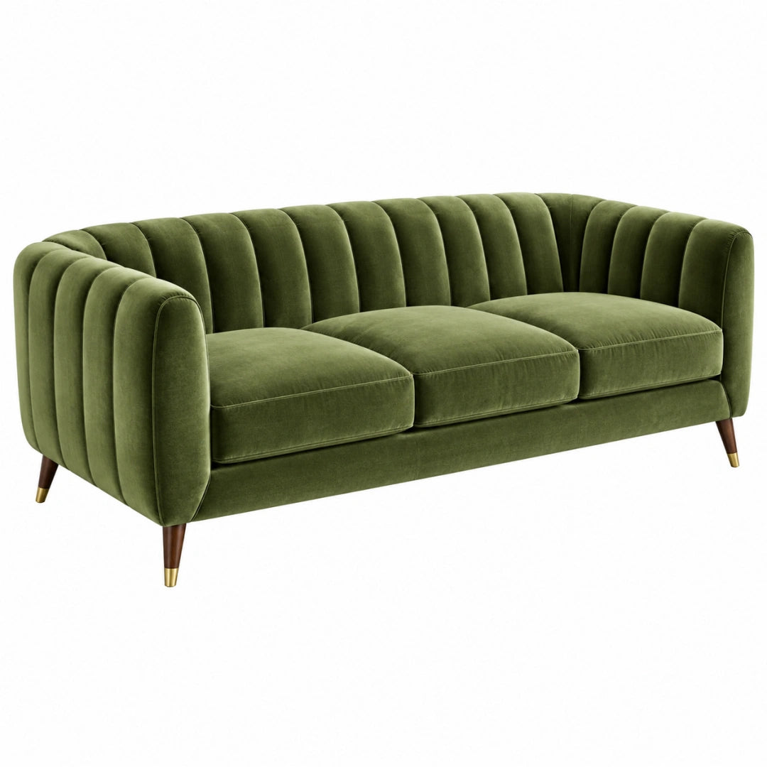 Canapé 3 places 220 x 90 x 78 cm en velours vert - style vintage capitonné