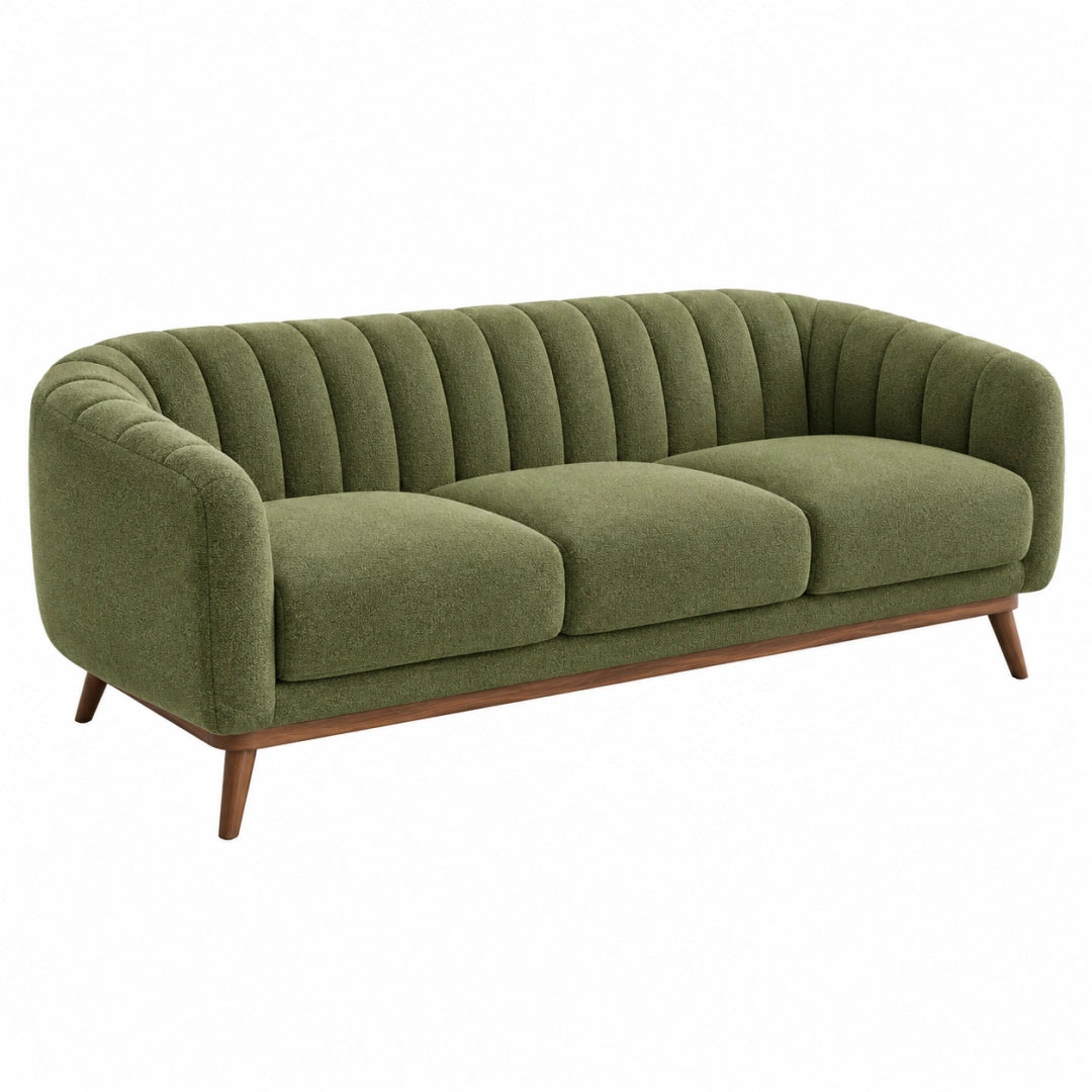 Canapé 3 places 210 x 90 x 78 cm en tissu vert avec piètement en bois style vintage