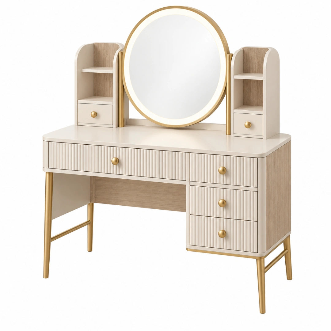 Coiffeuse 100 x 45 x 145 cm en bois beige et doré avec miroir et rangements style contemporain