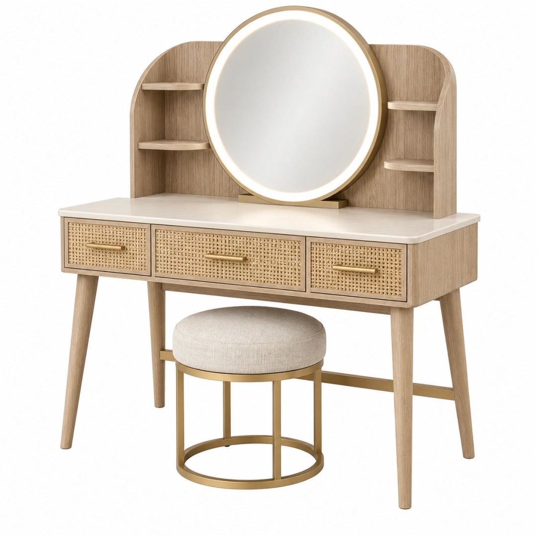 Coiffeuse avec tabouret 100 x 45 x 140 cm effet bois beige miroir lumineux rangement style rétro