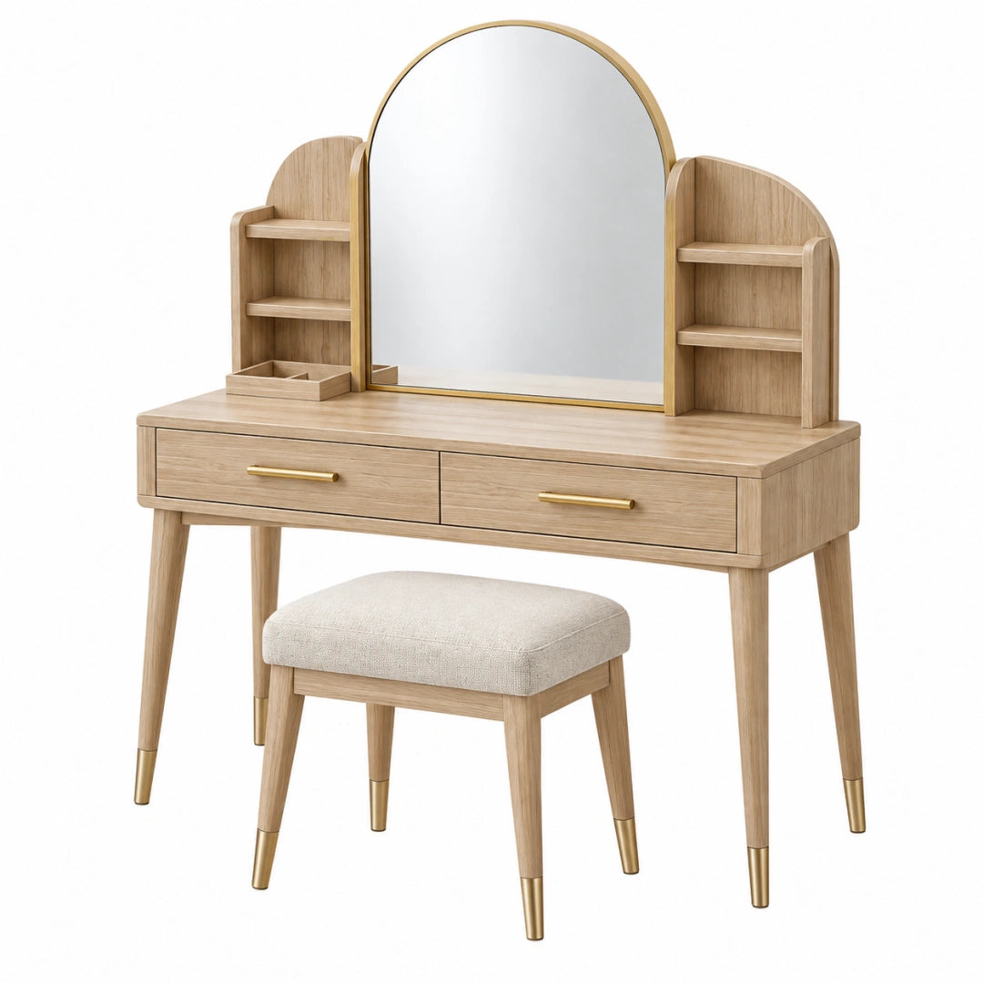 Coiffeuse avec miroir 100 cm finition bois clair rangement style moderne