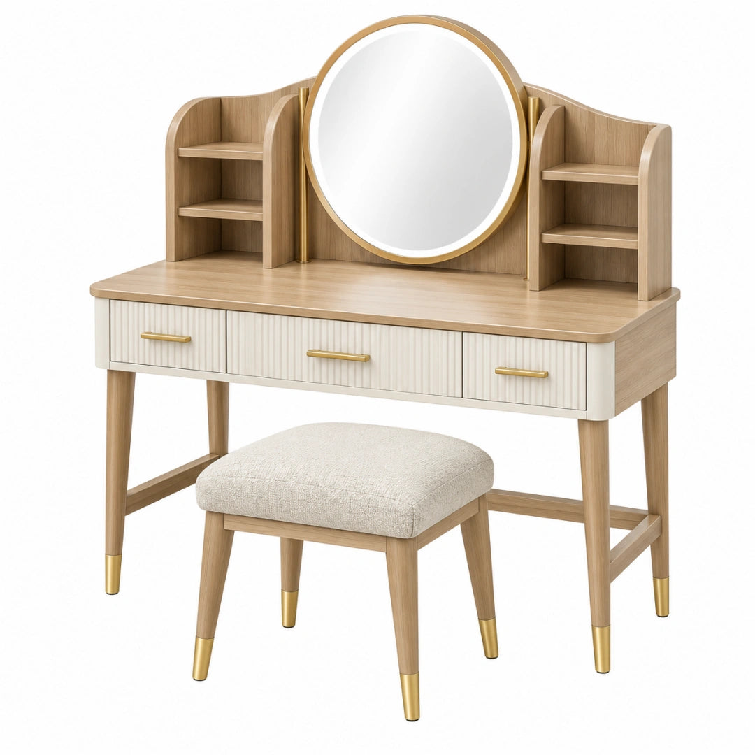 Coiffeuse avec miroir 100 x 45 x 140 cm en bois beige style contemporain avec tabouret