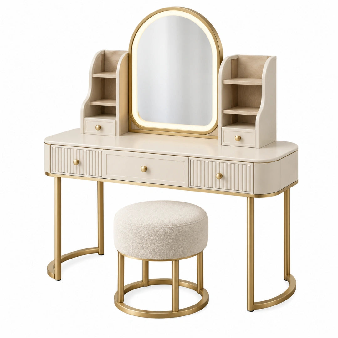 Coiffeuse avec miroir 120 x 45 x 145 cm bois beige doré rangement style moderne