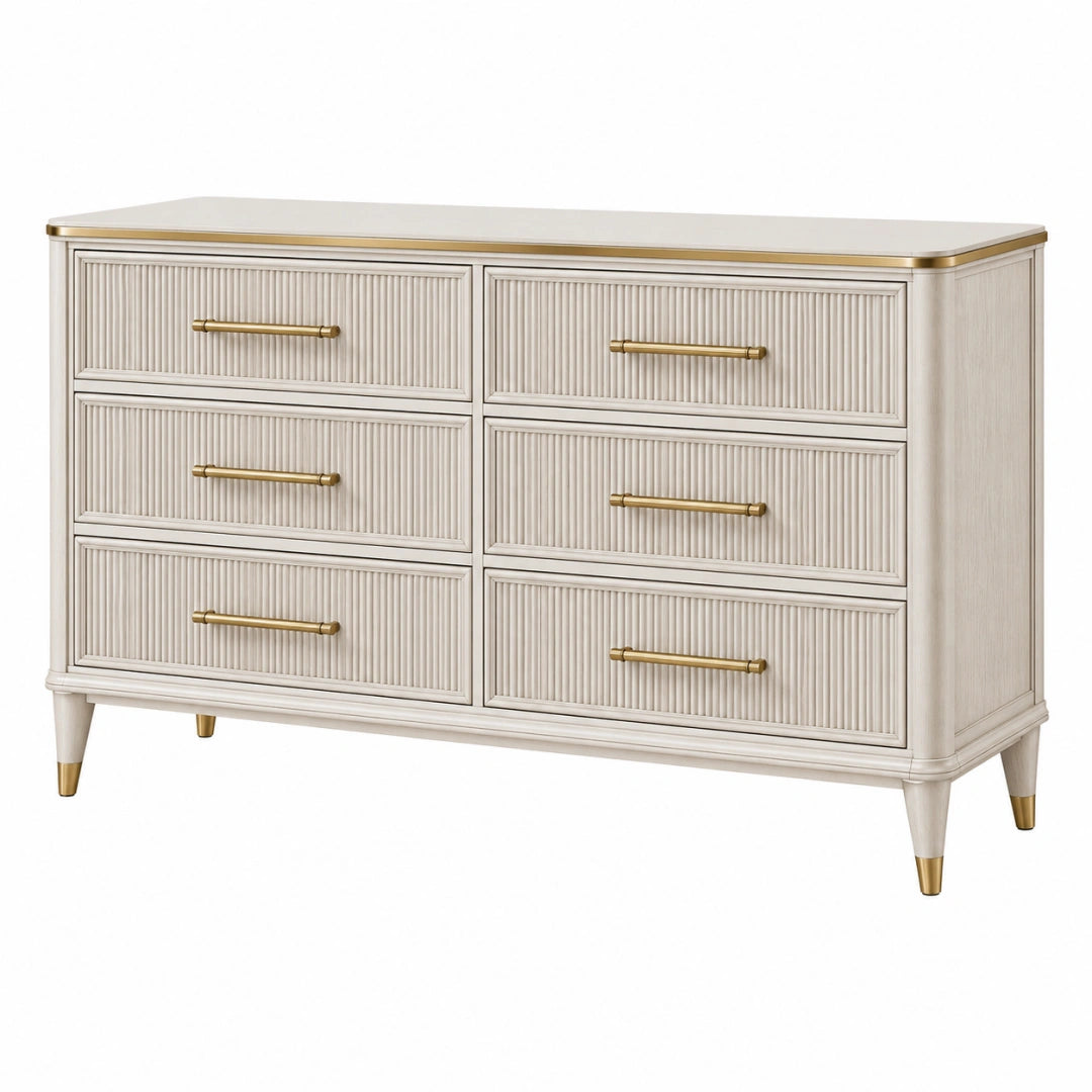 Commode de rangement 160 x 45 x 85 cm en bois blanc et doré à 6 tiroirs style classique