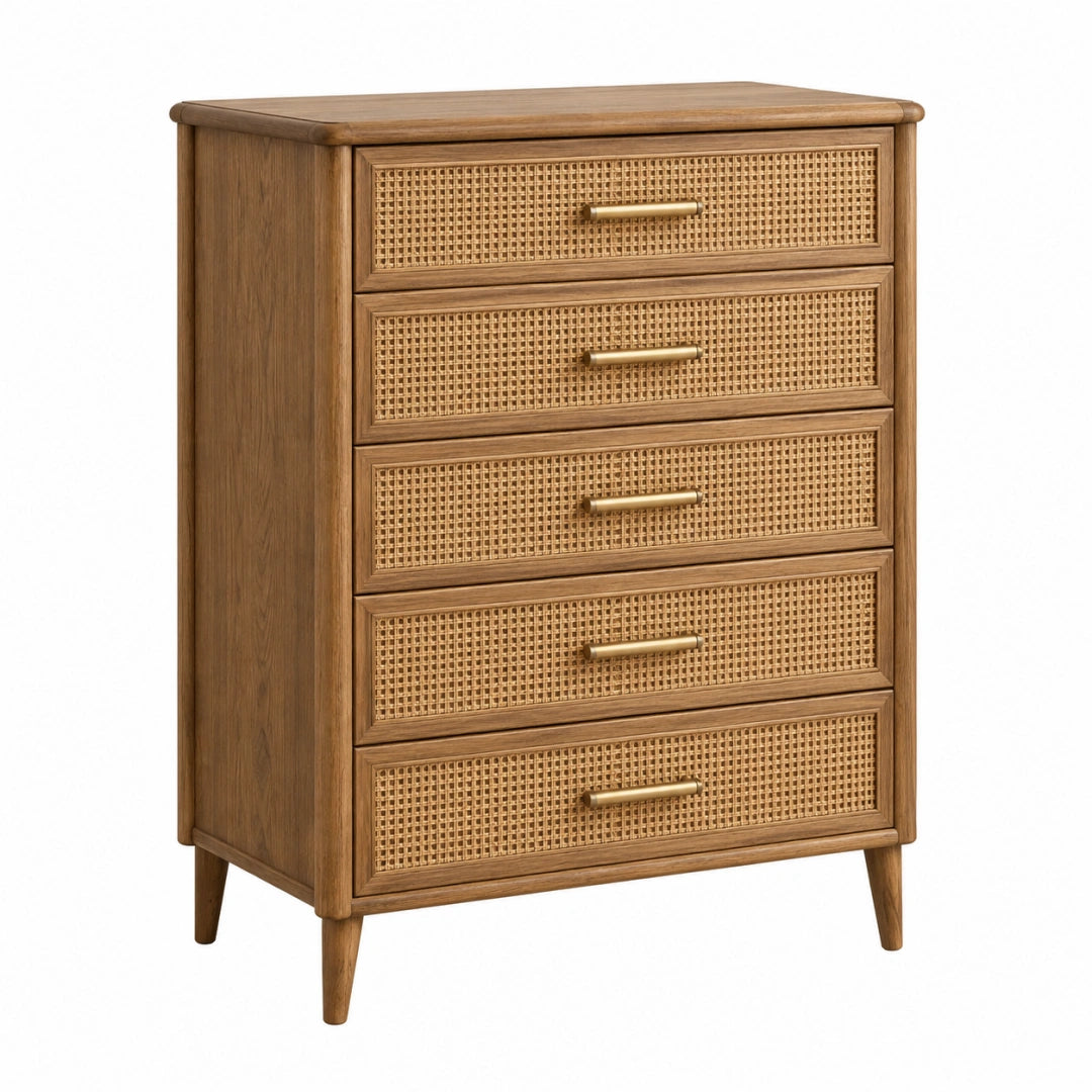 Commode 80 x 40 x 110 cm en bois marron avec cannage à 5 tiroirs style rétro