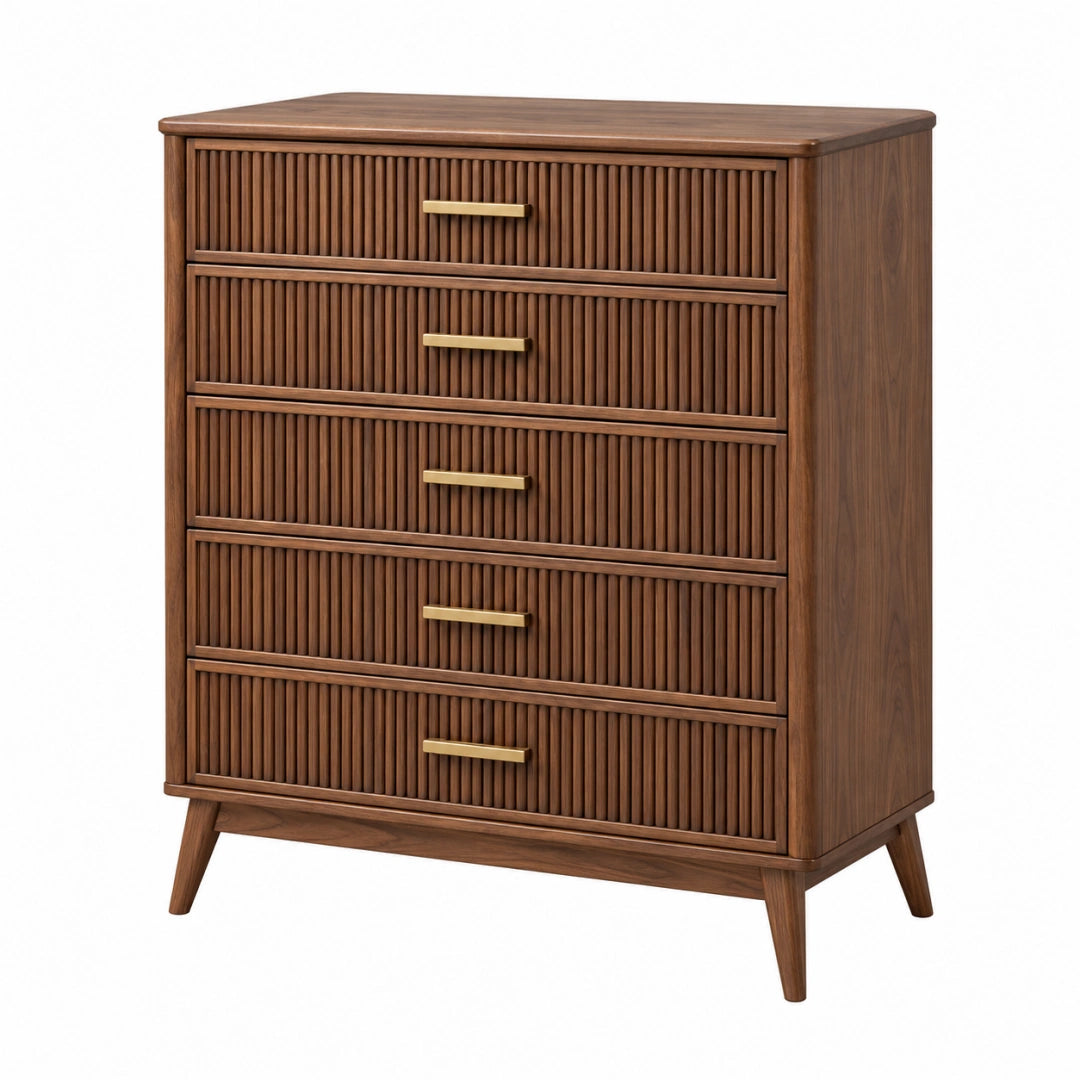 Commode 90 x 45 x 120 cm en bois marron à 5 tiroirs style rétro