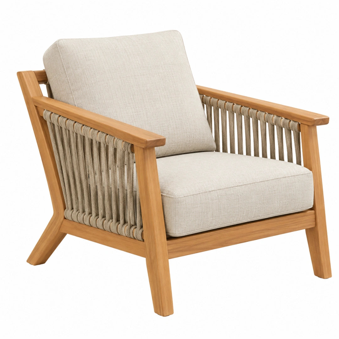 Fauteuil 78 x 82 x 82 cm en bois naturel et corde beige - assise rembourrée style contemporain