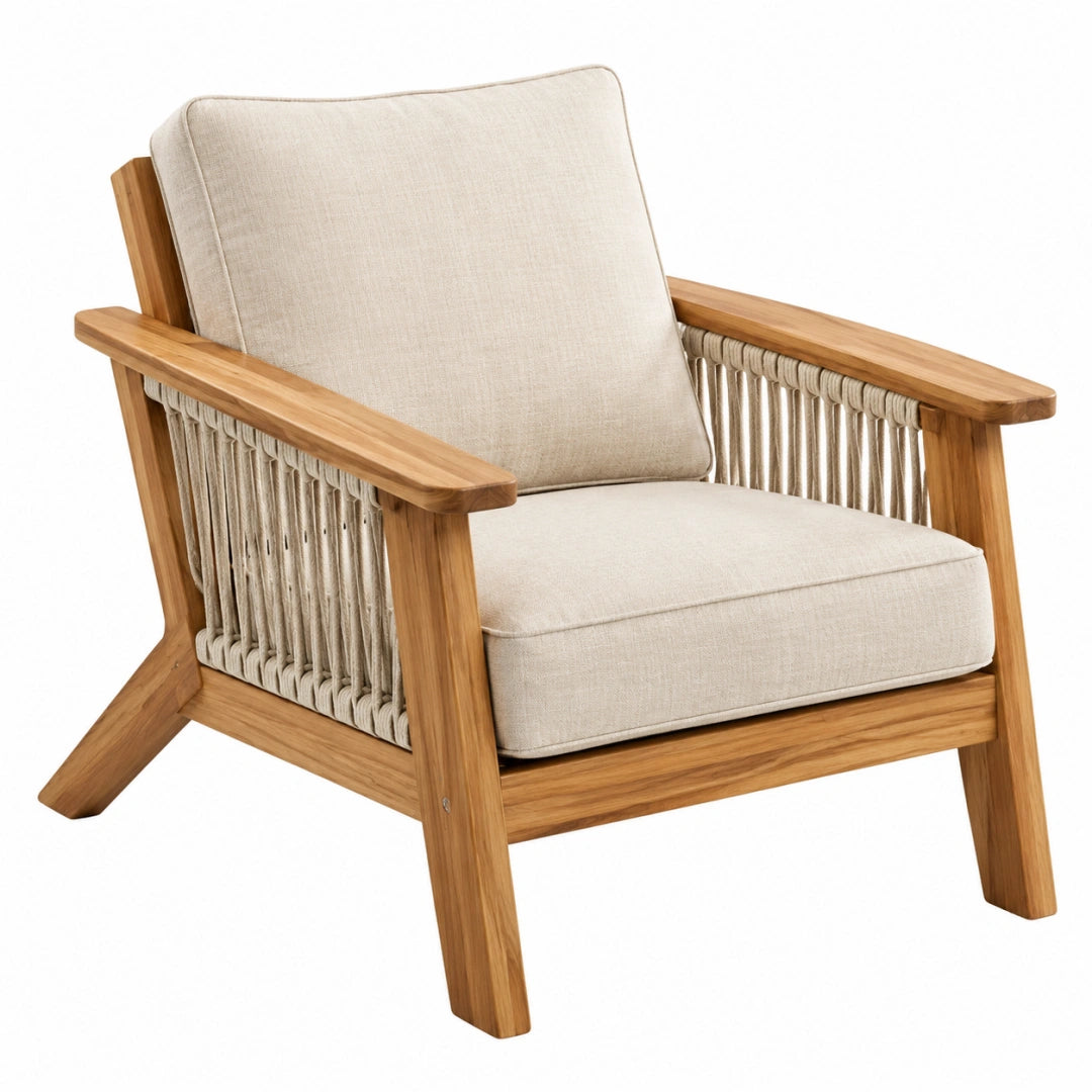 Fauteuil de jardin 76 x 78 x 85 cm en bois naturel et beige avec cordage style contemporain