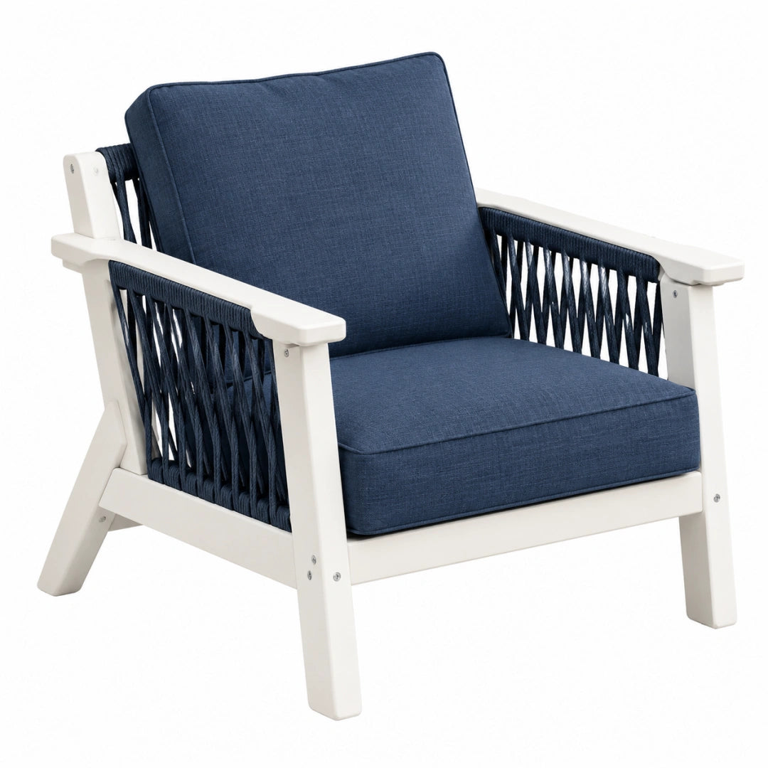 Fauteuil de jardin 76 x 78 x 80 cm en bois blanc et corde bleu marine style contemporain