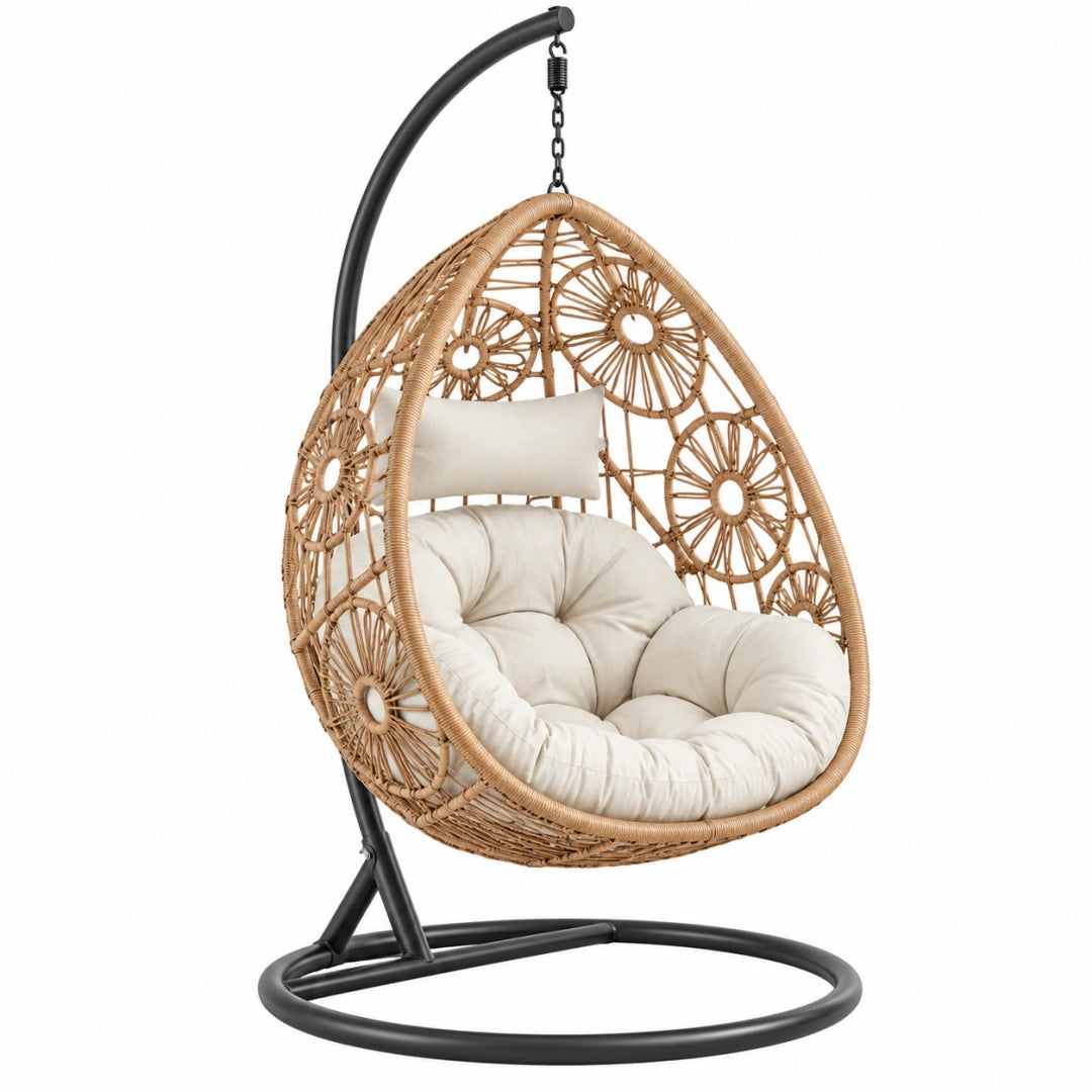 Fauteuil suspendu 110 x 110 x 195 cm en rotin naturel et métal noir style bohème
