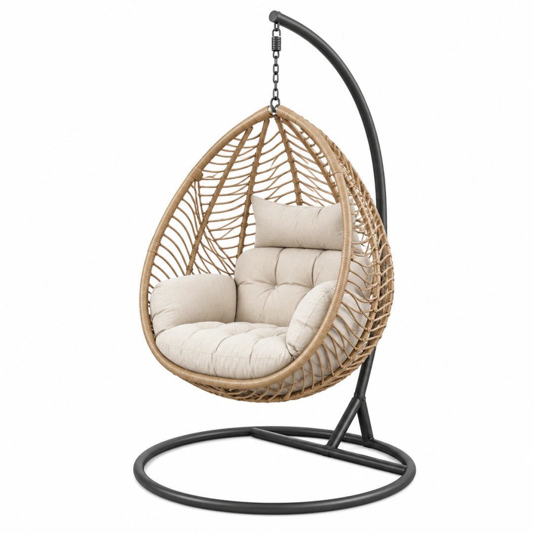 Fauteuil suspendu 105 x 105 x 195 cm en fibres tressées naturel avec support noir style bohème