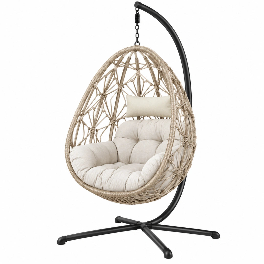 Fauteuil suspendu 105 x 105 x 195 cm en fibres tressées beige avec support en acier noir style bohème