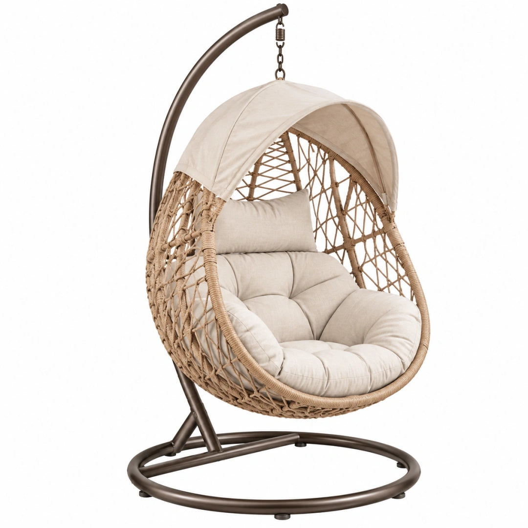 Fauteuil suspendu 105 x 105 x 195 cm en fibres tressées beige et métal marron avec auvent style bohème