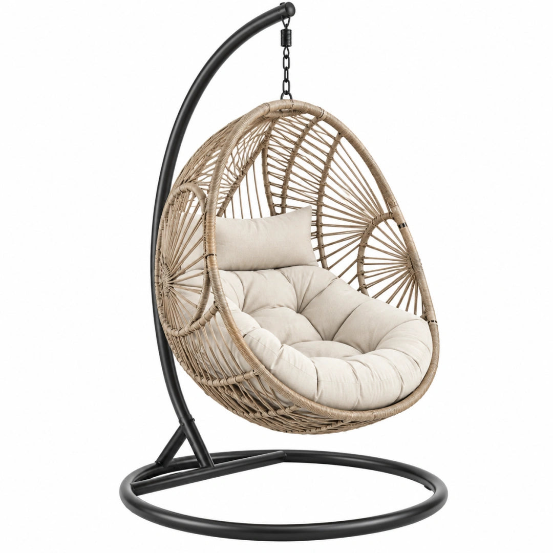 Fauteuil suspendu 105 x 105 x 195 cm en fibres tressées beige avec support en métal noir