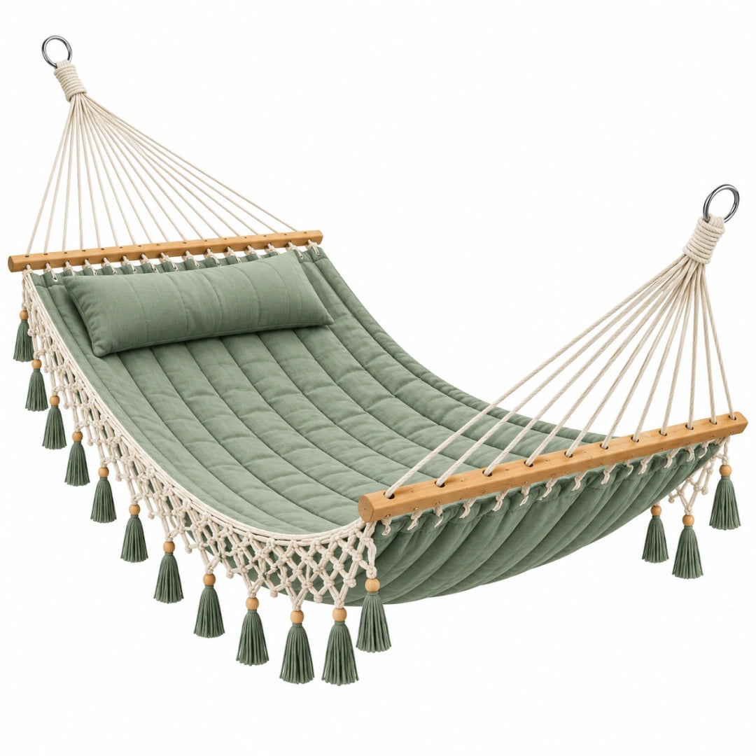 Hamac 200 x 100 cm en toile textile vert sauge avec barres en bois style bohème suspendu