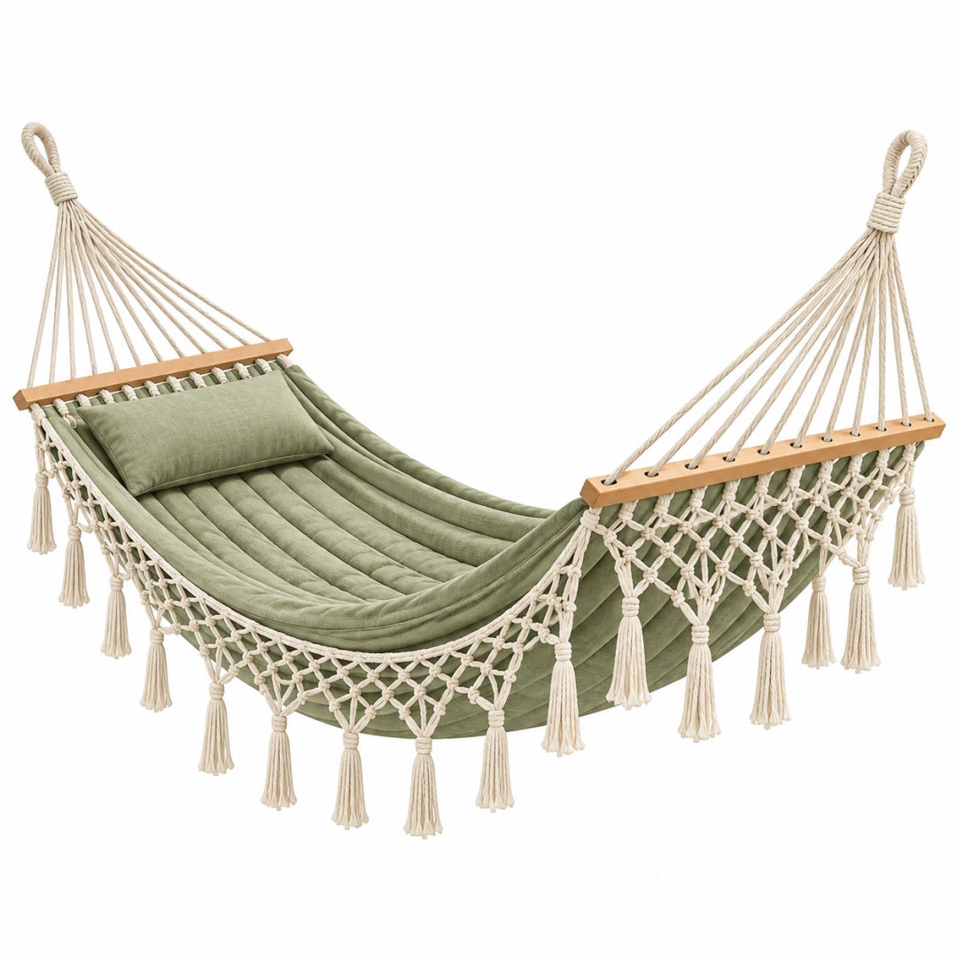 Hamac 200 x 100 cm en coton vert sauge avec barres en bois style bohème