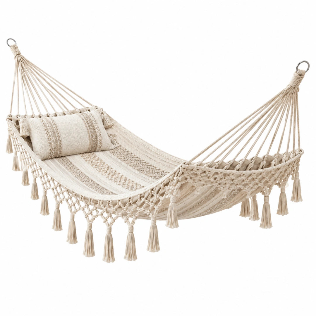 Hamac 200 x 100 cm en coton beige à franges style bohème pour détente