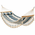Hamac 200 x 120 cm en coton beige bleu avec barres en bois style bohème