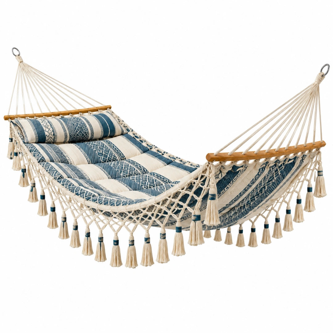 Hamac 200 x 120 cm en coton beige bleu avec barres en bois style bohème
