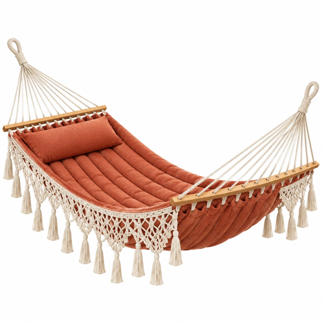 Hamac 200 x 120 cm en coton terre cuite et écru avec barres en bois style bohème