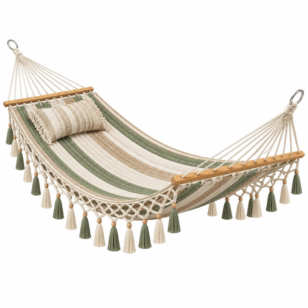 Hamac 200 x 100 cm en coton vert et beige avec barres en bois - style bohème pour jardin