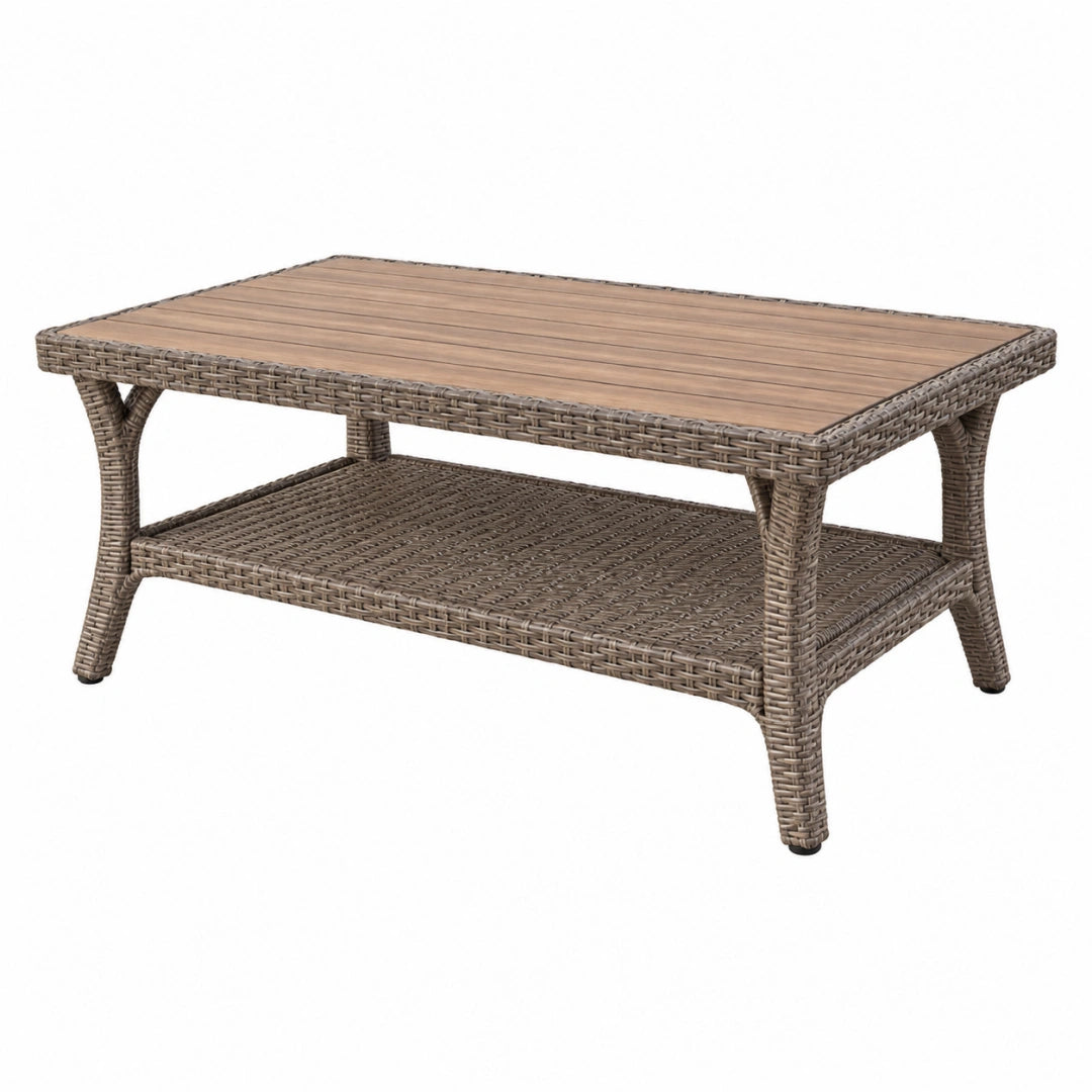Table basse de jardin 120 x 60 cm en résine tressée marron avec plateau effet bois