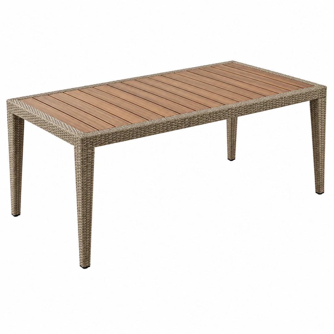 Table de jardin 150 x 90 x 75 cm en résine tressée beige et plateau en bois