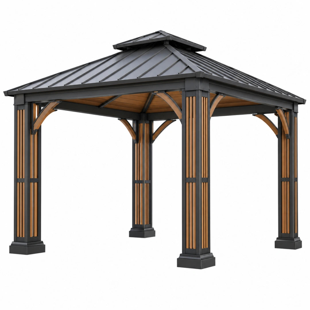 Pavillon de jardin 300 x 300 cm en acier noir et brun avec toit métallique