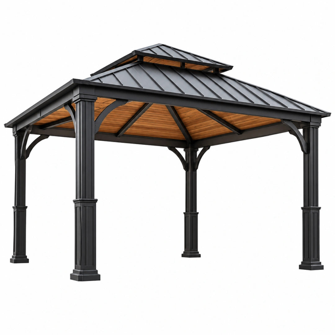 Gazebo de jardin 400 x 300 cm en métal noir et bois - toit rigide