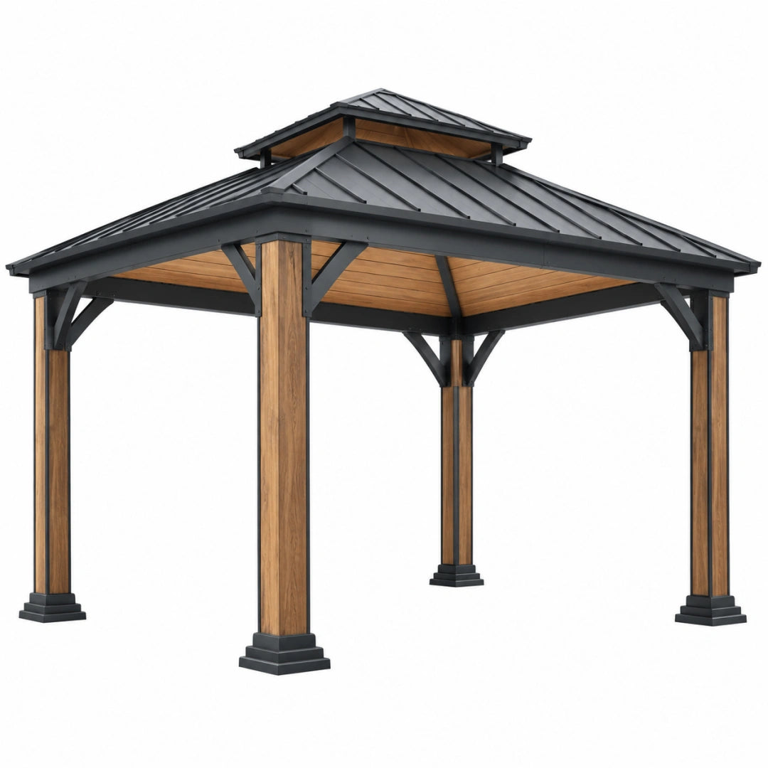 Pergola de jardin 300 x 300 cm acier noir effet bois toit rigide abri extérieur