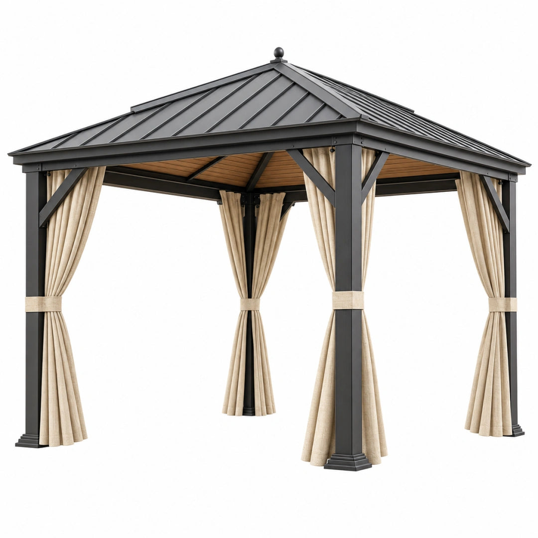 Pavillon de jardin 300 x 300 x 280 cm acier noir avec rideaux beiges toiture inclinée
