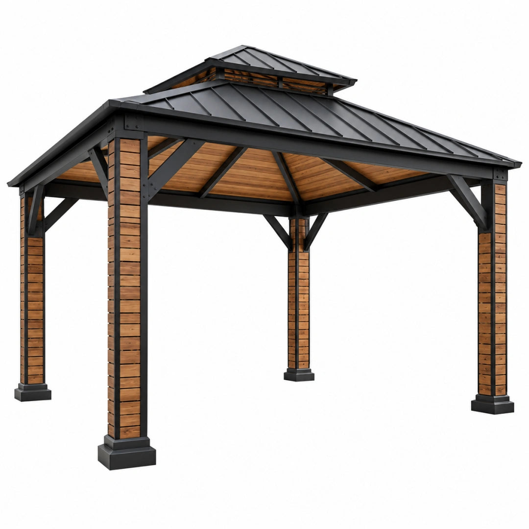 Pavillon de jardin 400 x 300 x 300 cm en acier noir et bois marron avec toit rigide